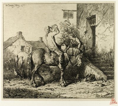 Entrada a una posada, con campesino bebiendo de Charles Emile Jacque