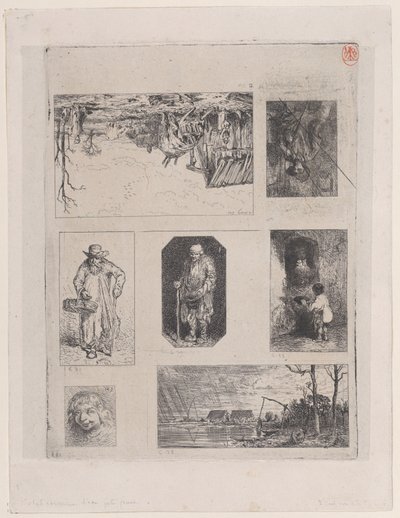 Paisaje de granja a, campesino sentado b, mendigo c, mendigo d, pequeño mendigo e, Hea..., 1844 de Charles Emile Jacque
