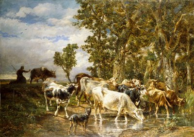 Rebaño de vacas en un abrevadero de Charles Emile Jacque