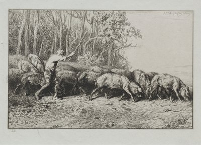 Manada de cerdos saliendo de un bosque de Charles Emile Jacque