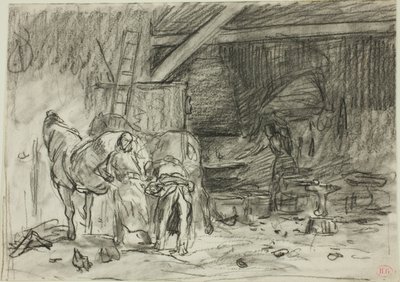 Interior de una herrería (anverso); Hombre agachado, visto desde la lectura (reverso) de Charles Emile Jacque