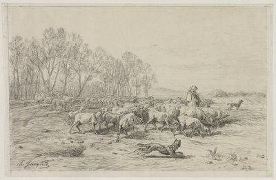 Paisaje con un rebaño de ovejas, 1800s de Charles Emile Jacque