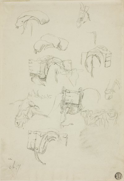Hoja de bocetos: Detalles de un burro y pertrechos de Charles Emile Jacque