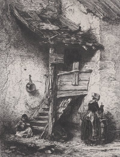 Escaleras y mujer batiendo, 1845 de Charles Emile Jacque