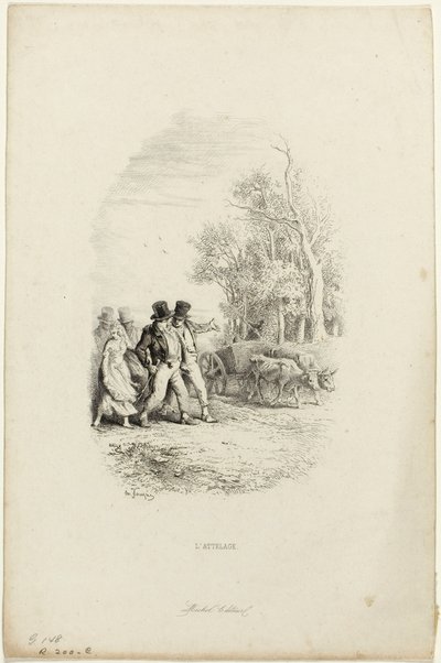 El carro de bueyes, ilustración de Fábulas de Lachambaudie de Charles Emile Jacque