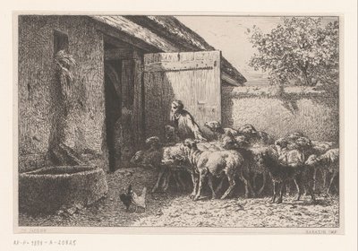 Mujer conduciendo ovejas al establo Bergerie de Charles Emile Jacque