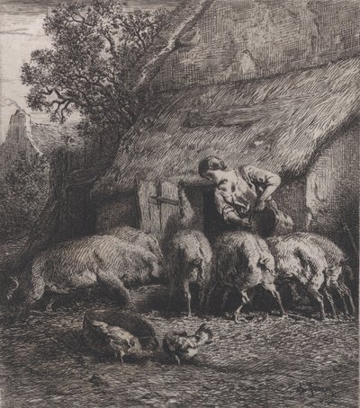 Mujer alimentando cerdos, 1850 de Charles Emile Jacque