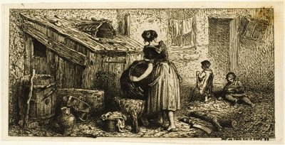 Mujer lavando ollas, con niños de Charles Emile Jacque