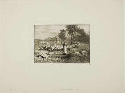 Mujer vigilando una manada de cerdos de Charles Emile Jacque