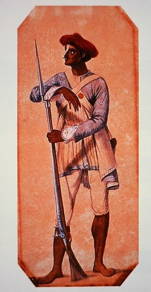 Soldado de Tipu Sultan, Sultán de Mysore, armado con un mosquete de chispa de Charles Emilius (after) Gold