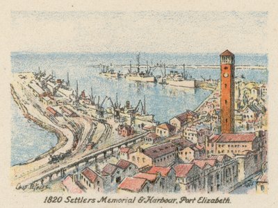 Sudáfrica: 1820 Settlers Memorial and Harbour, Port Elizabeth (litografía en color) de Charles Ernest Peers