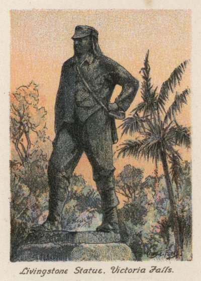 Sudáfrica: Estatua de Livingstone, Cataratas Victoria (litografía en color) de Charles Ernest Peers