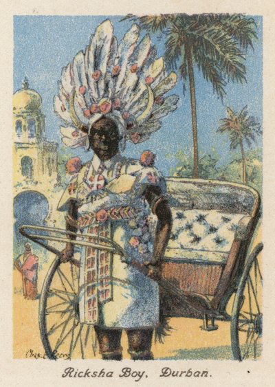 Sudáfrica: Ricksha Boy, Durban (litografía en color) de Charles Ernest Peers