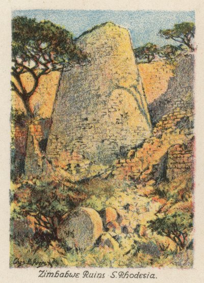 Sudáfrica: Ruinas de Zimbabue, Rodesia del Sur (litografía en color) de Charles Ernest Peers