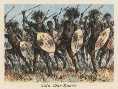 Sudáfrica: Danza de guerra zulú (litografía en color) de Charles Ernest Peers