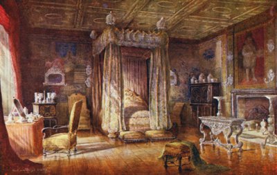 Casa Knole: Dormitorio del Rey Jaime I (litografía en color) de Charles Essenhigh Corke