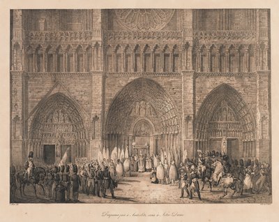 Banderas Tomadas en Austerlitz Recibidas en Notre Dame, principios del siglo XIX de Charles Etienne Pierre Motte