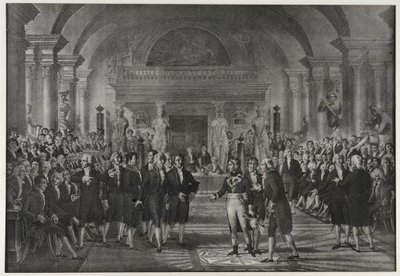 Recepción de Napoleón Bonaparte en el Instituto, clase de física y matemáticas, sección de artes mecánicas el 25 de diciembre de Charles Etienne Pierre Motte