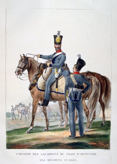 Uniforme de un escuadrón de tren de artillería a caballo de un regimiento suizo, Francia, 1823 de Charles Etienne Pierre Motte
