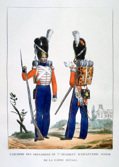 Uniforme de los Granaderos Suizos del 7º Regimiento de Infantería de la Guardia Real, Francia, 1823 de Charles Etienne Pierre Motte