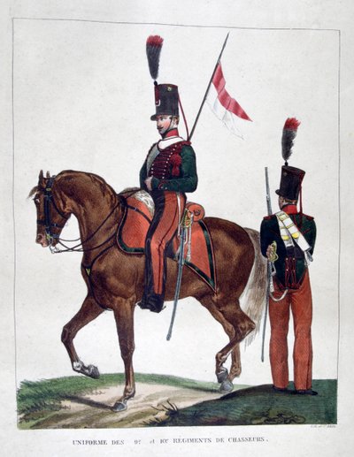 Uniformes del 9º y 10º regimiento de cazadores montados de Charles Etienne Pierre Motte