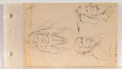 Retratos de Mato Chuthuhu (Costilla de oso), Ha won je tah (Cuerno único/Cuerno solitario) y Heh Mah Zah (Cuerno de hierro) (anverso de la hoja 10) de Charles Ferdinand Wimar