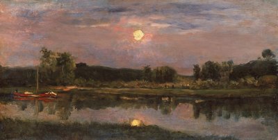 Un paisaje fluvial iluminado por la luna, c.1855 (aceite a bordo) de Charles Francois Daubigny