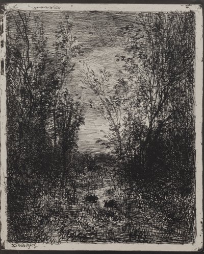 Un arroyo en un claro, impresión original 1862, impreso en 1921 de Charles Francois Daubigny