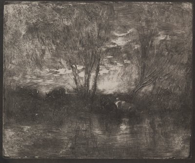 Vacas en un Abrevadero, impresión original 1862, impreso en 1921 de Charles Francois Daubigny