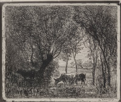 Vacas en el Bosque, impresión original 1862, impresa en 1921 de Charles Francois Daubigny