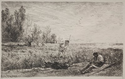 Haciendo heno, impresión original 1862, impreso en 1921 de Charles Francois Daubigny