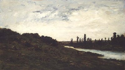Pastores y ganado en un paisaje fluvial boscoso de Charles Francois Daubigny
