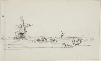 Paisaje en Holanda (anverso); Boceto de molinos de viento junto al agua (reverso) de Charles Francois Daubigny