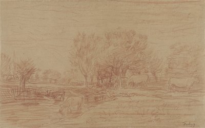 Paisaje con vacas pastando y bebiendo y un toro mirando de Charles Francois Daubigny