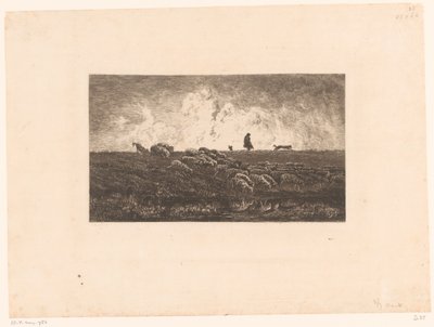 Paisaje con pastor y ovejas durante un chubasco L