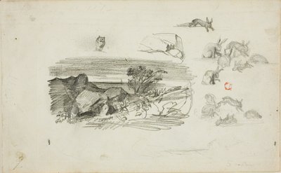 Bocetos: Entorno rocoso y conejos de Charles Francois Daubigny