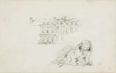 Bocetos: El Hotel de Ville, Tours y una niña jugando (anverso); Cigüeña (reverso) de Charles Francois Daubigny
