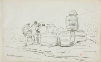Estudio de un grupo de personas con barriles (anverso); dos estudios de una mujer espigando (reverso) de Charles Francois Daubigny