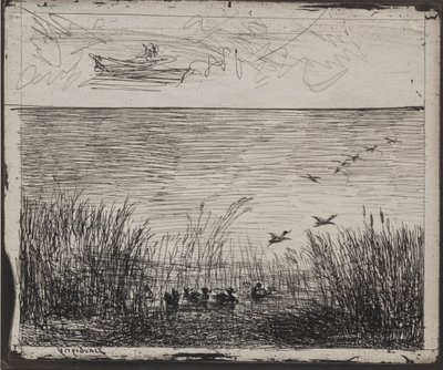 Pantano con patos, impresión original 1862, impreso en 1921 de Charles Francois Daubigny