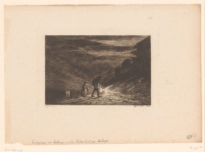 Dos caminantes con farol La búsqueda de un albergue Serie con paisajes y eventos alrededor del agua (título de la serie) Voyage en bateau (título de la serie) de Charles Francois Daubigny