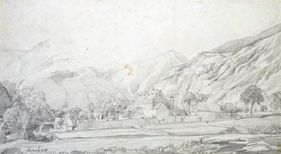 Vista de Edificios en un Recinto Amurallado con Montañas al Fondo de Charles Francois Daubigny