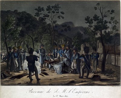 El regreso de Napoleón de Elba. Vivac de Napoleón en Golfe-Juan el 1 de marzo de 1815 - Levachez, Charles Francois Gabriel (activo 1760-1820) - 1815 - Aguatinta - 29,5x30 - Colección privada de Charles Francois Gabriel Levachez