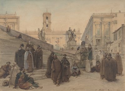 El Campidoglio visto desde la Escalinata de la Iglesia del Aracoeli, Roma, al atardecer, 1846 de Charles Francois Houel