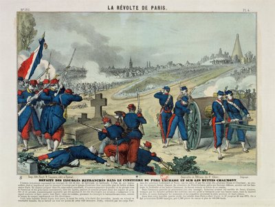 Derrota de los Rebeldes Atrincherados en el Cementerio de Père Lachaise y en la Colina de Chaumont, 1871 (grabado en color) de Charles Francois Pinot