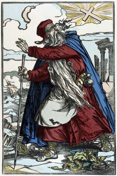 El judío errante asustado por la Cruz Católica - grabado del dibujo de Pinot de Charles Francois Pinot