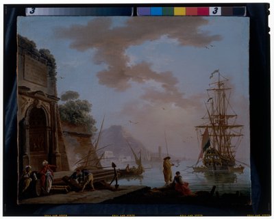 Un puerto mediterráneo con orientales conversando bajo un antiguo arco romano de Charles François Grenier de Lacroix