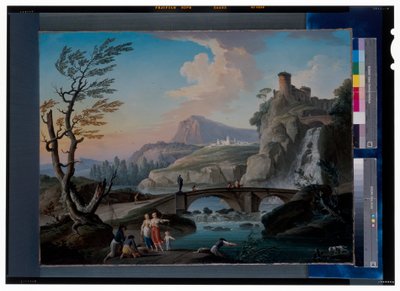 Un paisaje fluvial con pescadores arrastrando sus redes, un paisaje rocoso y una pasarela más allá de Charles François Grenier de Lacroix