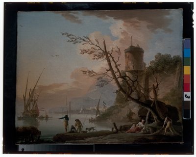 Hombres pescando con mujeres descansando bajo una torre de Charles François Grenier de Lacroix