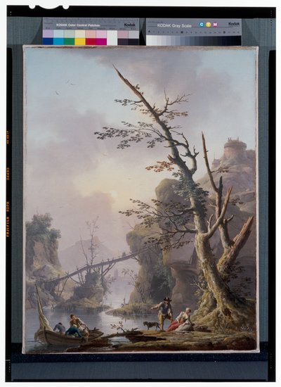 Paisaje fluvial con pescadores que recogen con sus redes de Charles François Grenier de Lacroix