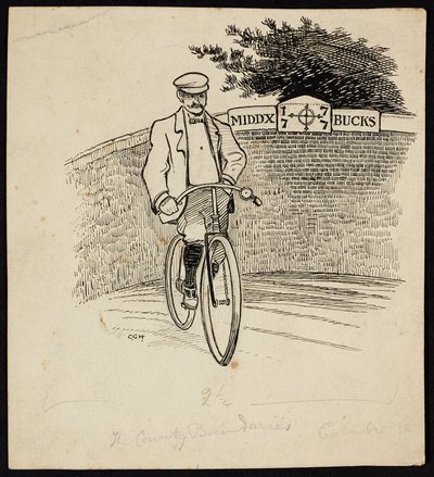 Un hombre en bicicleta delante de una señal que marca el límite del condado entre Middlesex y Buckinghamshire. de Charles George Harper